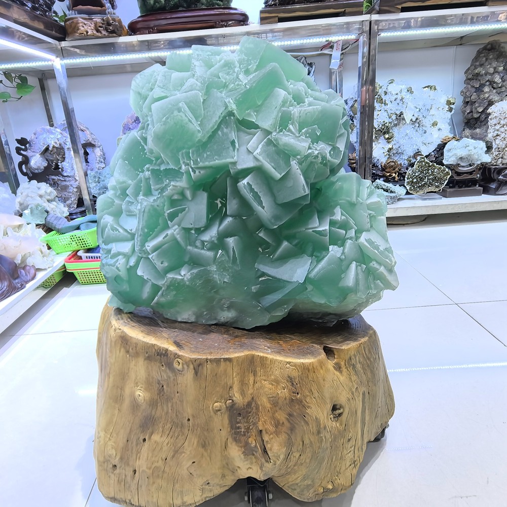 110LB Top Natural Green Fluorite Quartz Cluster Crystal Mineral Specimen + stand