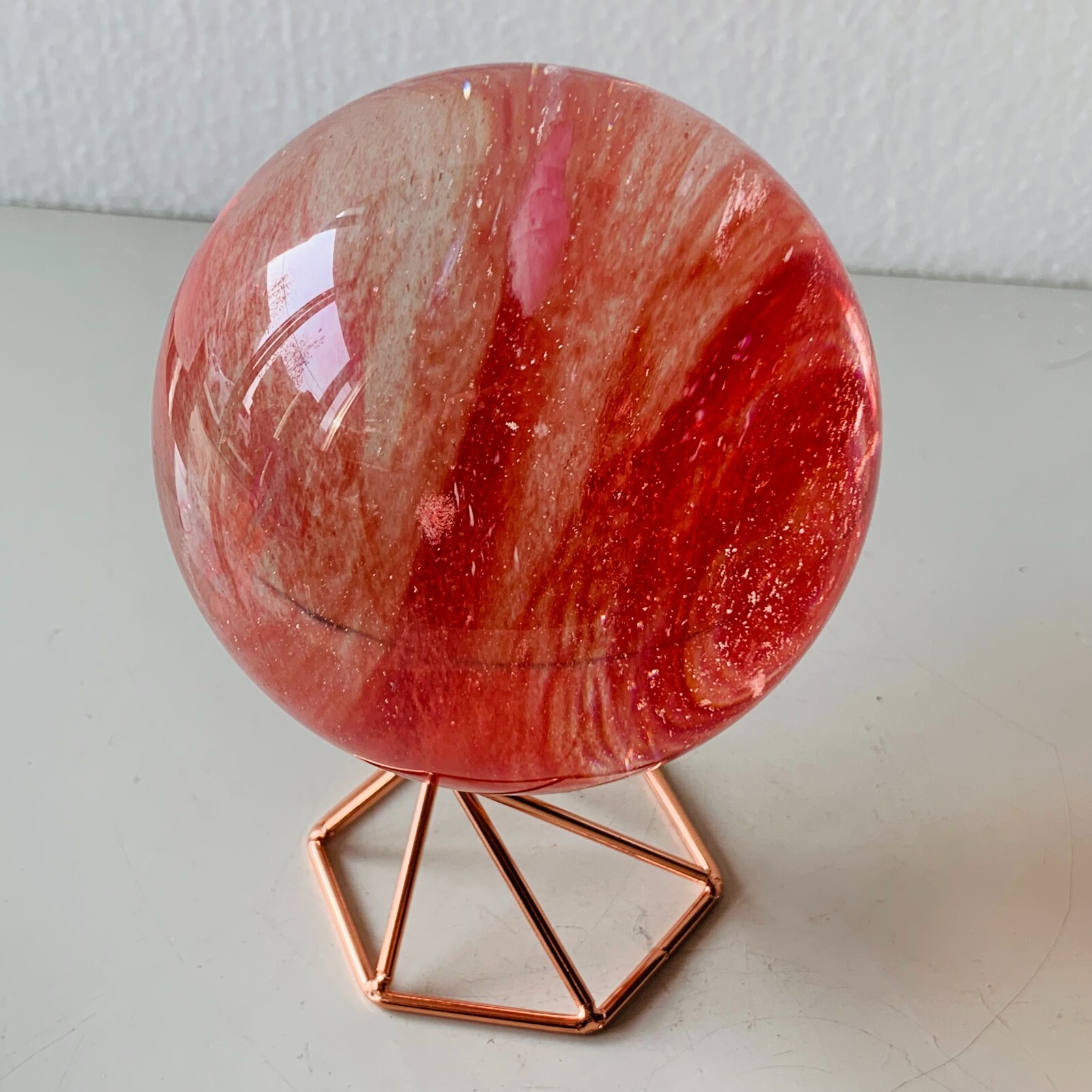 1.5LB Red Smelting Stone Quartz Sphere Crystal Energy Ball Reiki Gem+stand A22