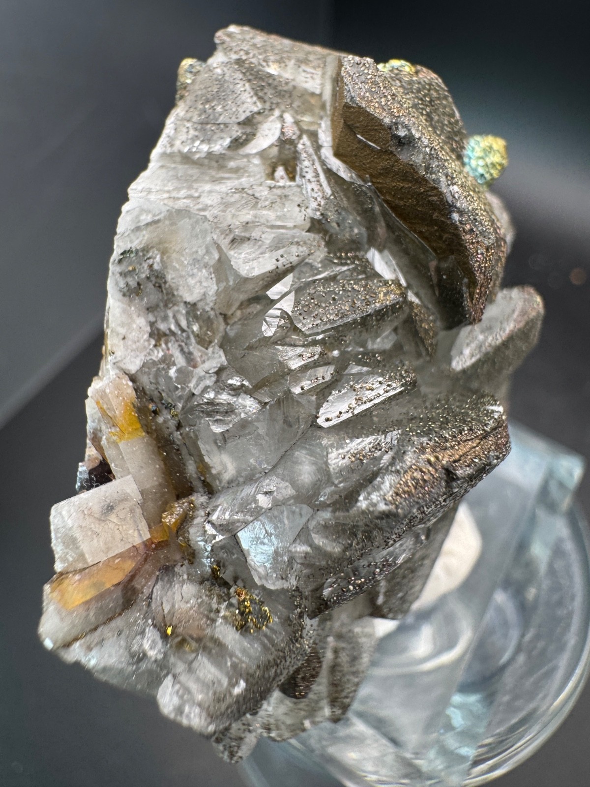 6703 Rainbow Chalcopyrite on Gray Benz Calcite Fu Jian 55g