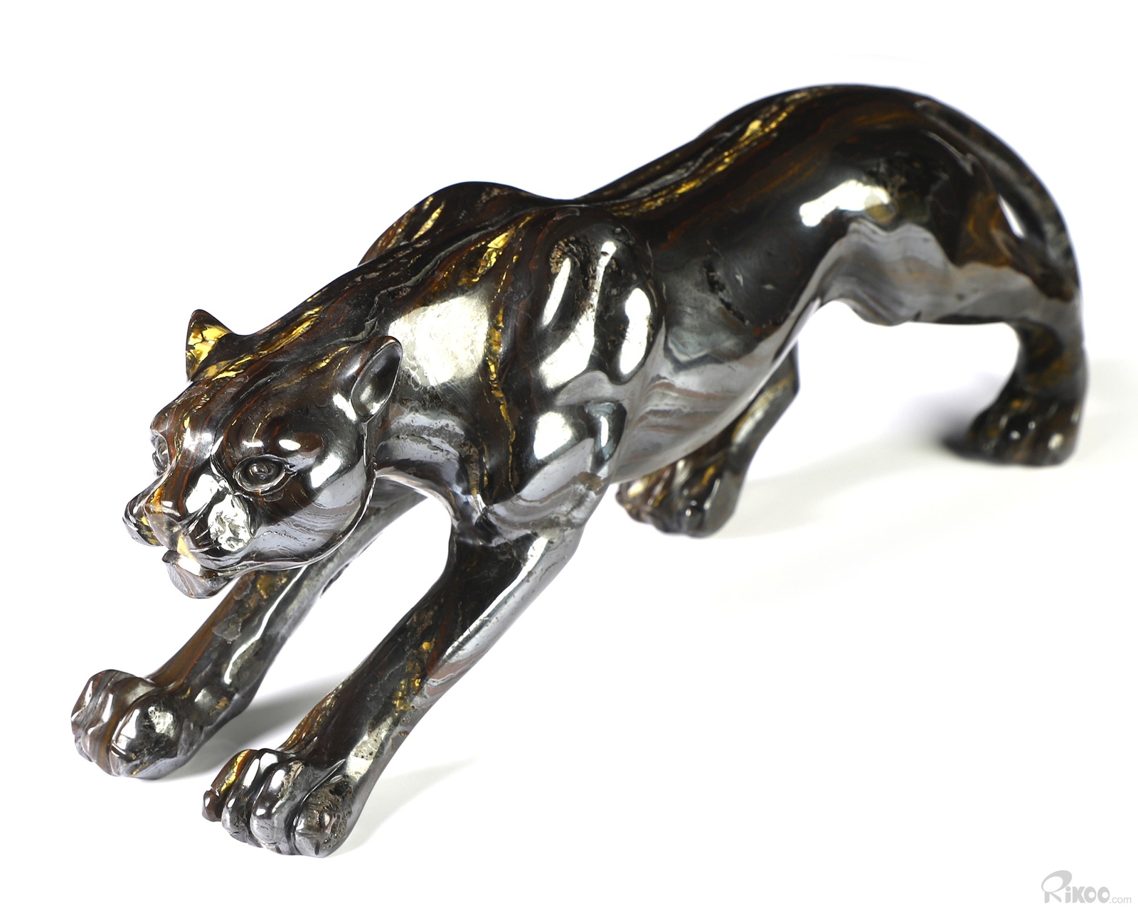10.5″ Colorful Tiger Iron Eye Hand Carved Crystal Leopard Sculpture, Healing