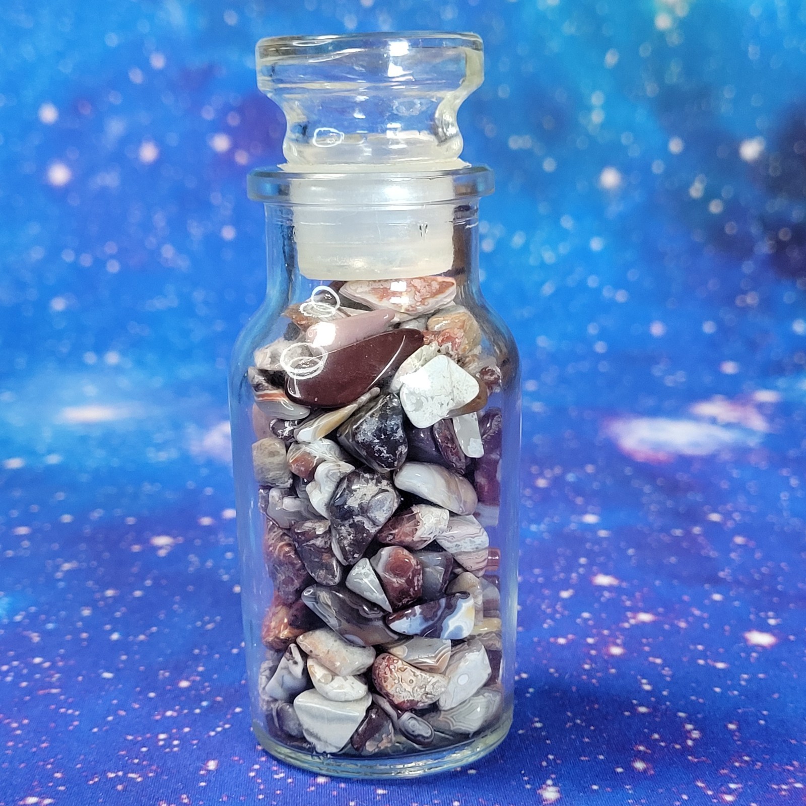 Mexican Crazy Lace Agate Stone Tumbles in Vintage 4 oz Apothecary Glass Jar