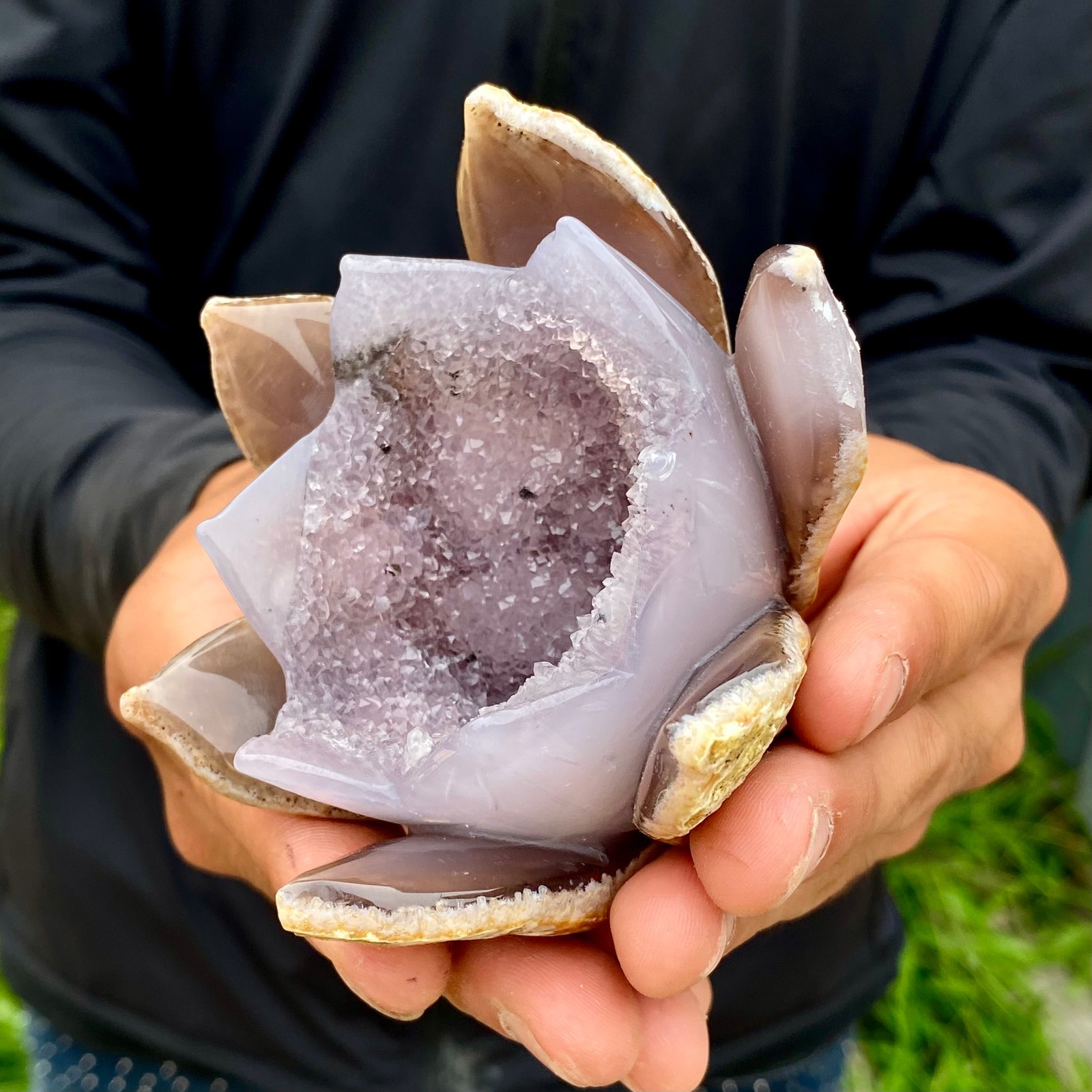300G Natural Agate Geode Carved Lotus Flower, Hand Carved Healing Crystal Home