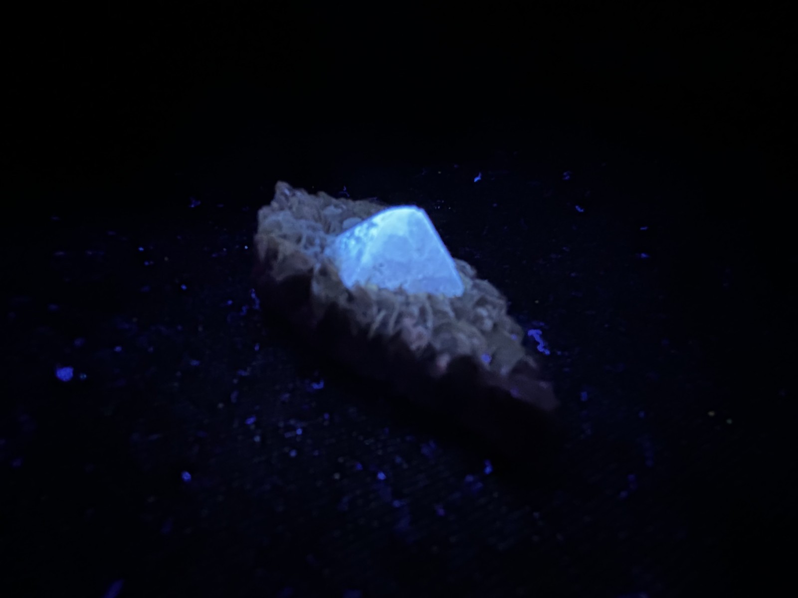 KB: SW FL BRIGHT BLUE/WHITE & LW ORANGE SCHEELITE XLS. FROM PINGWU MINE, CHINA