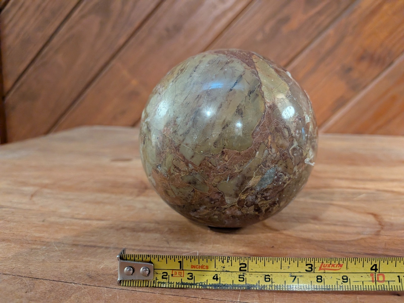 Vintage Polished Marble Stone Sphere Carpet Ball Gray and Brown Tan 3″