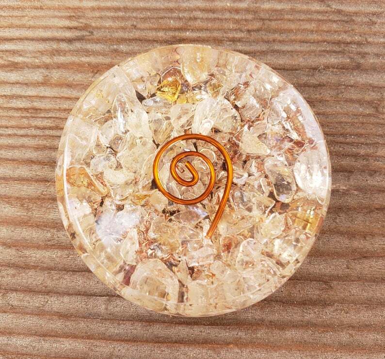 ORGONE CITRINE GEMSTONE SPHERE STAND AND WORRY STONE ORGONITE