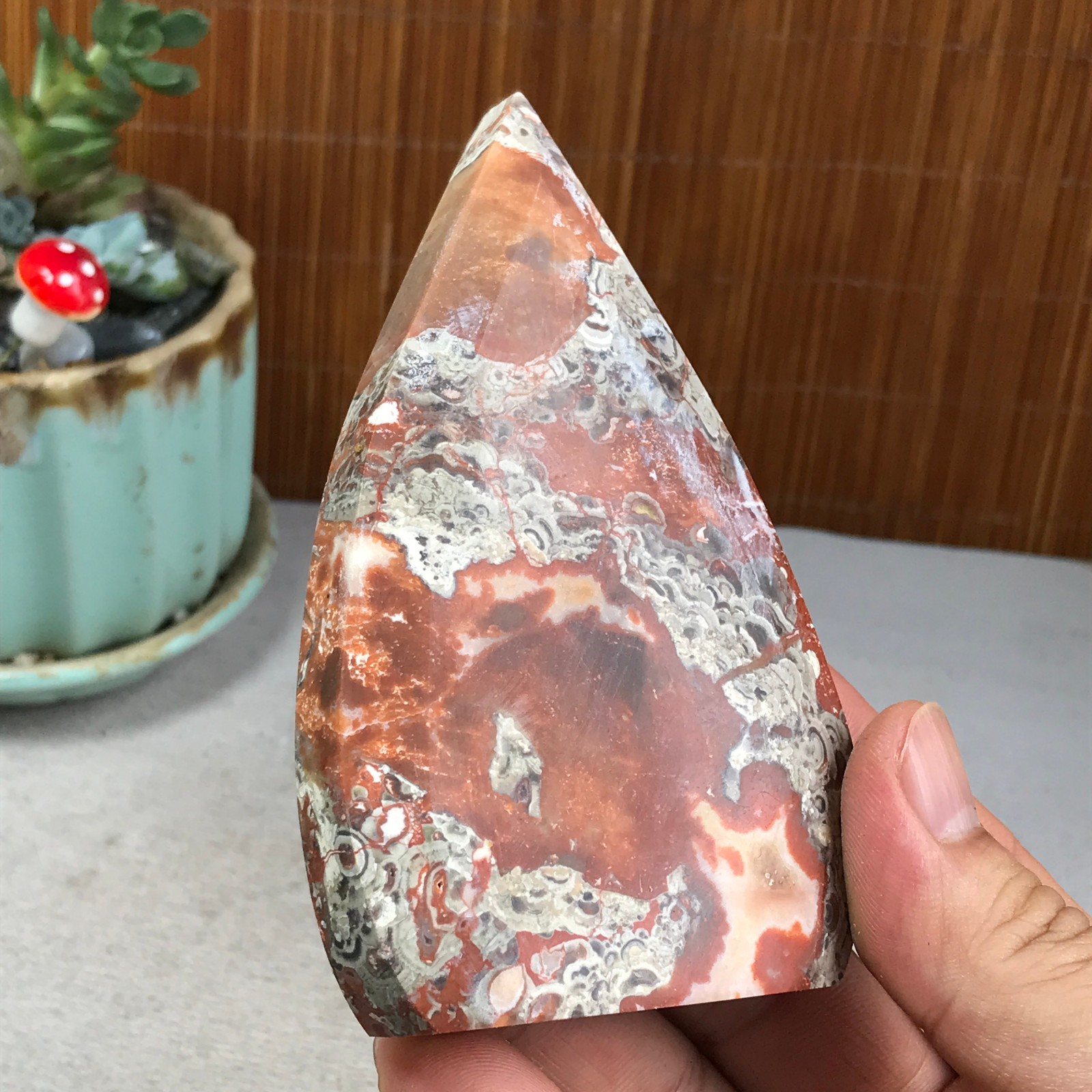 Natural money Mexico agate hand carve leaf Crystal Specimen free standing A6270