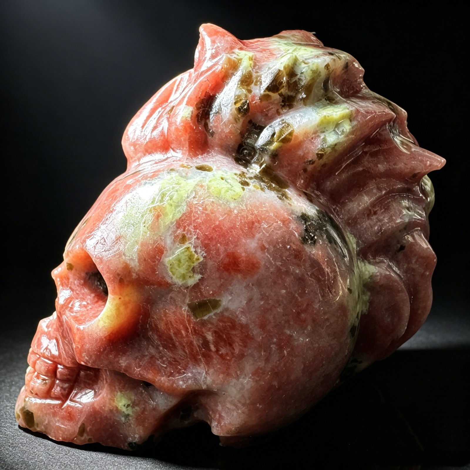 Natural Peach Blossom Tourmaline Skull Carving Figurine Gothic Decor Desk Orname