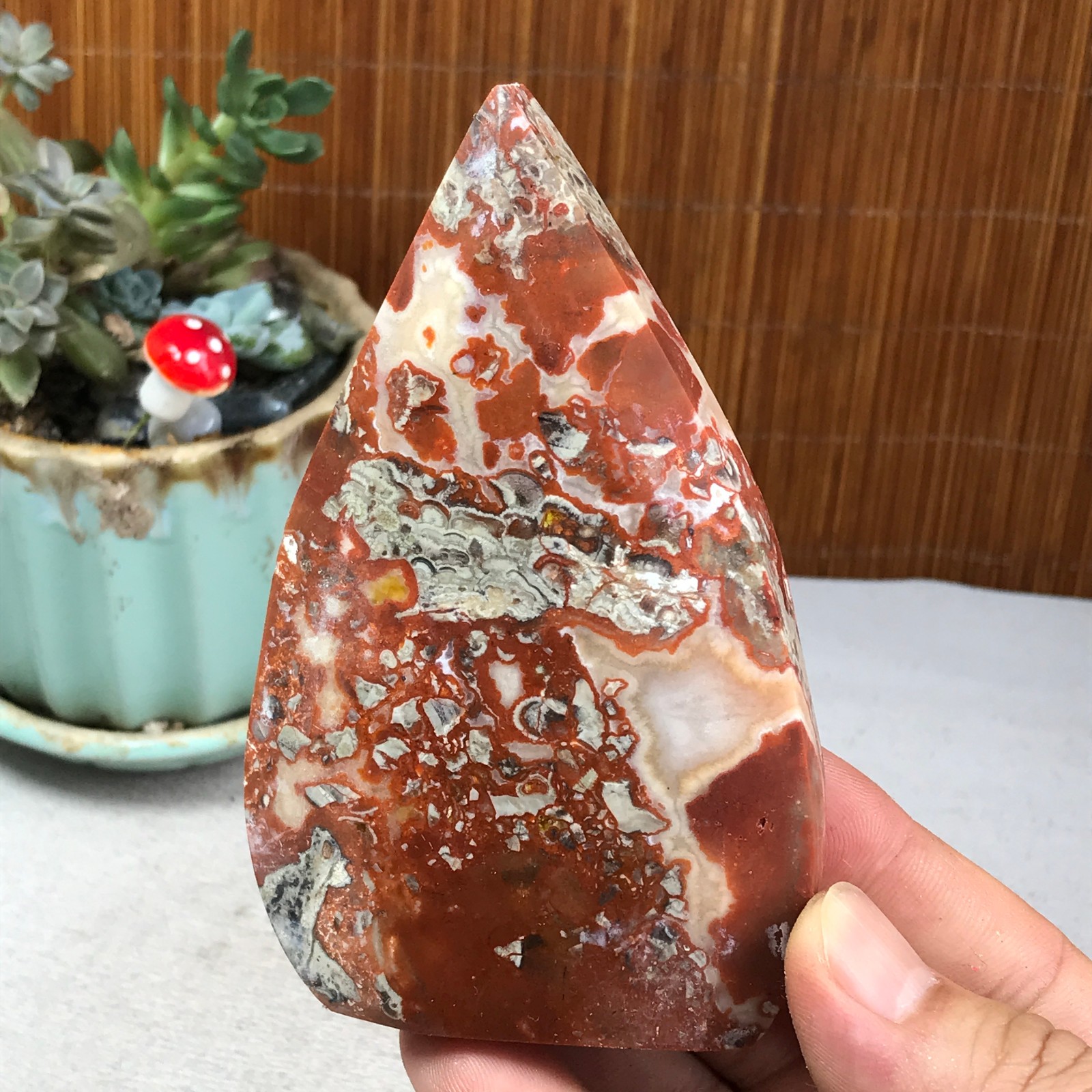 Natural money Mexico agate hand carve leaf Crystal Specimen free standing A6259