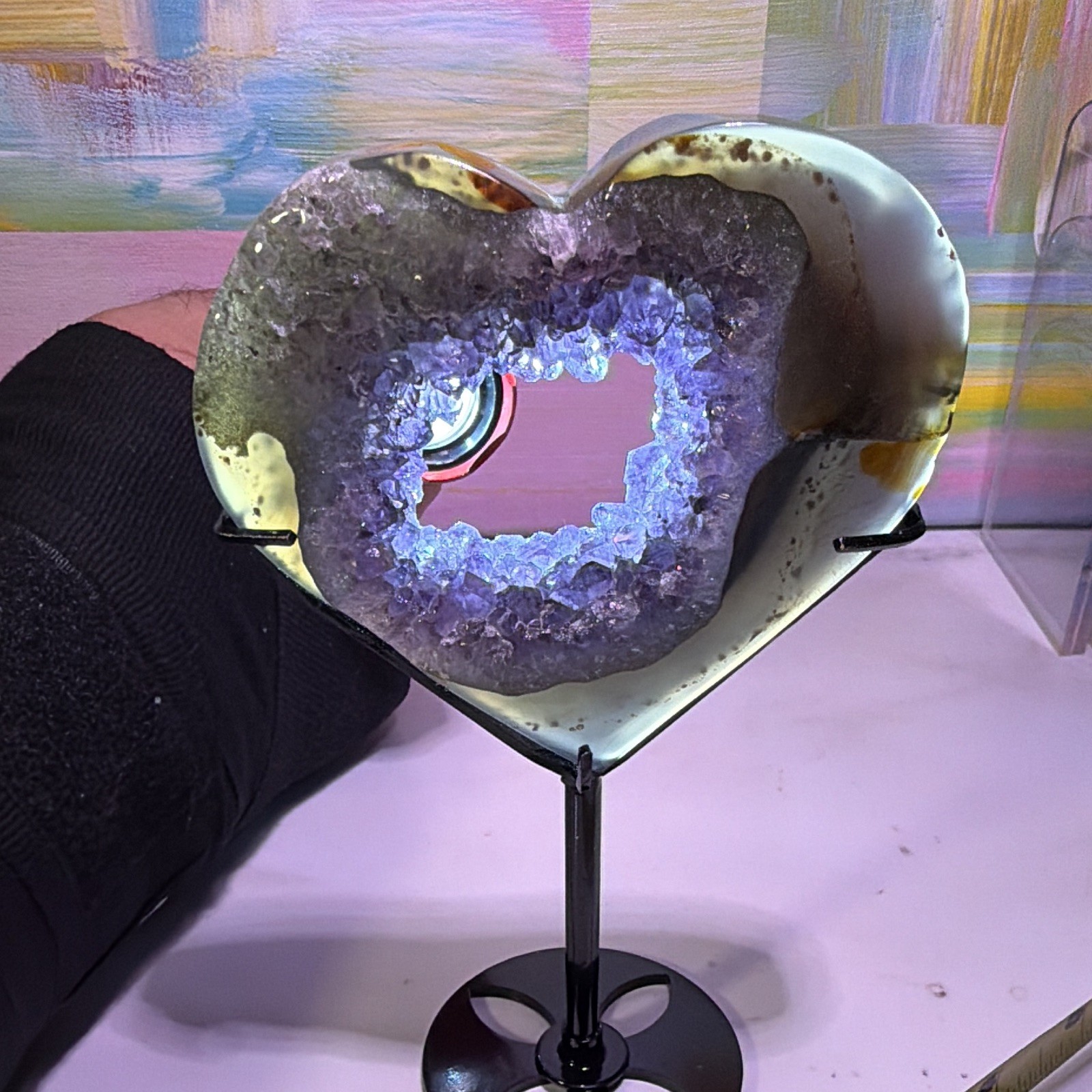 Heart-Shaped Purple Crystal Geode Slice Decor on Black Metal Stand, 6 in Tall