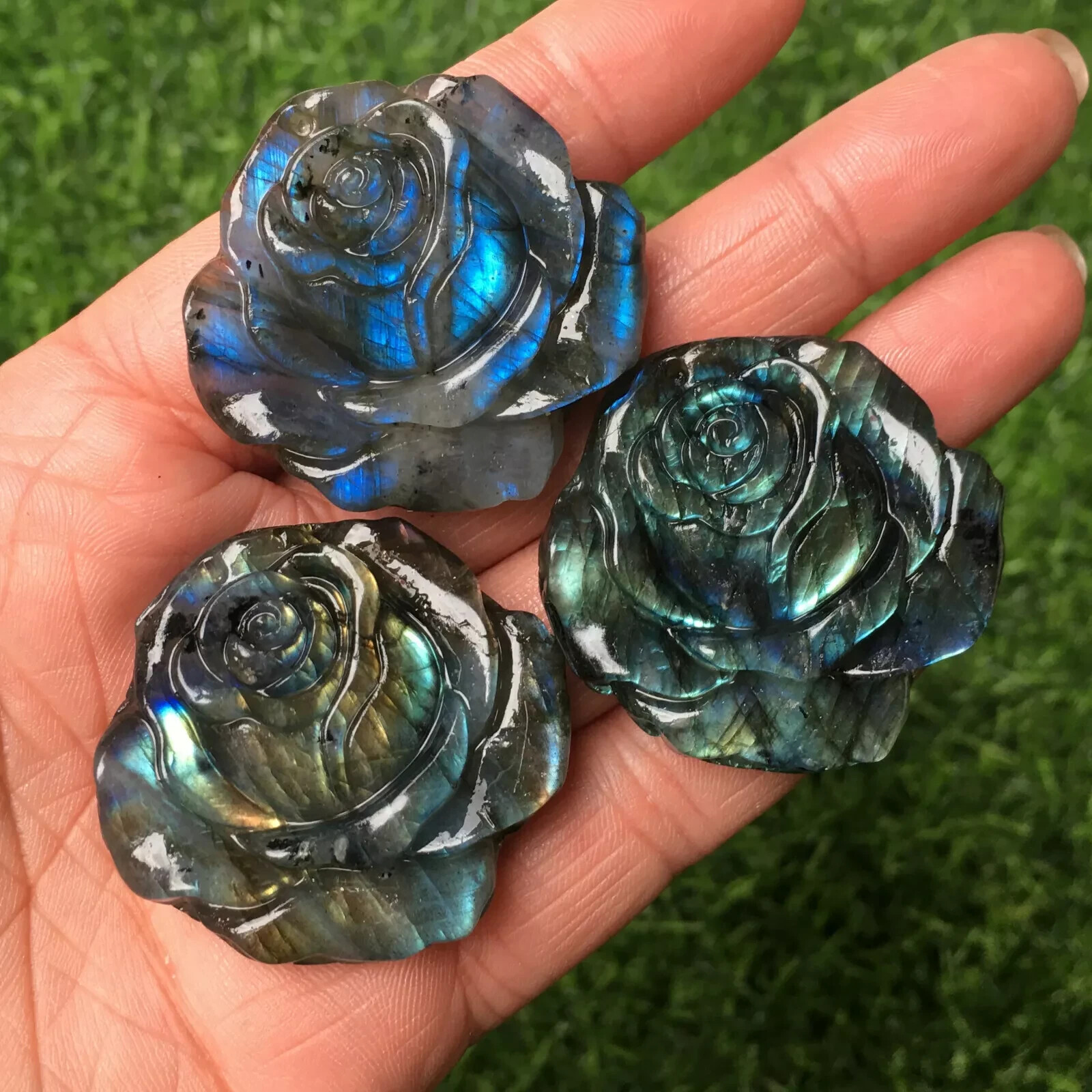 Natural Labradorite Handmade rose flower skull Quartz Crystal Healing gift 1pc