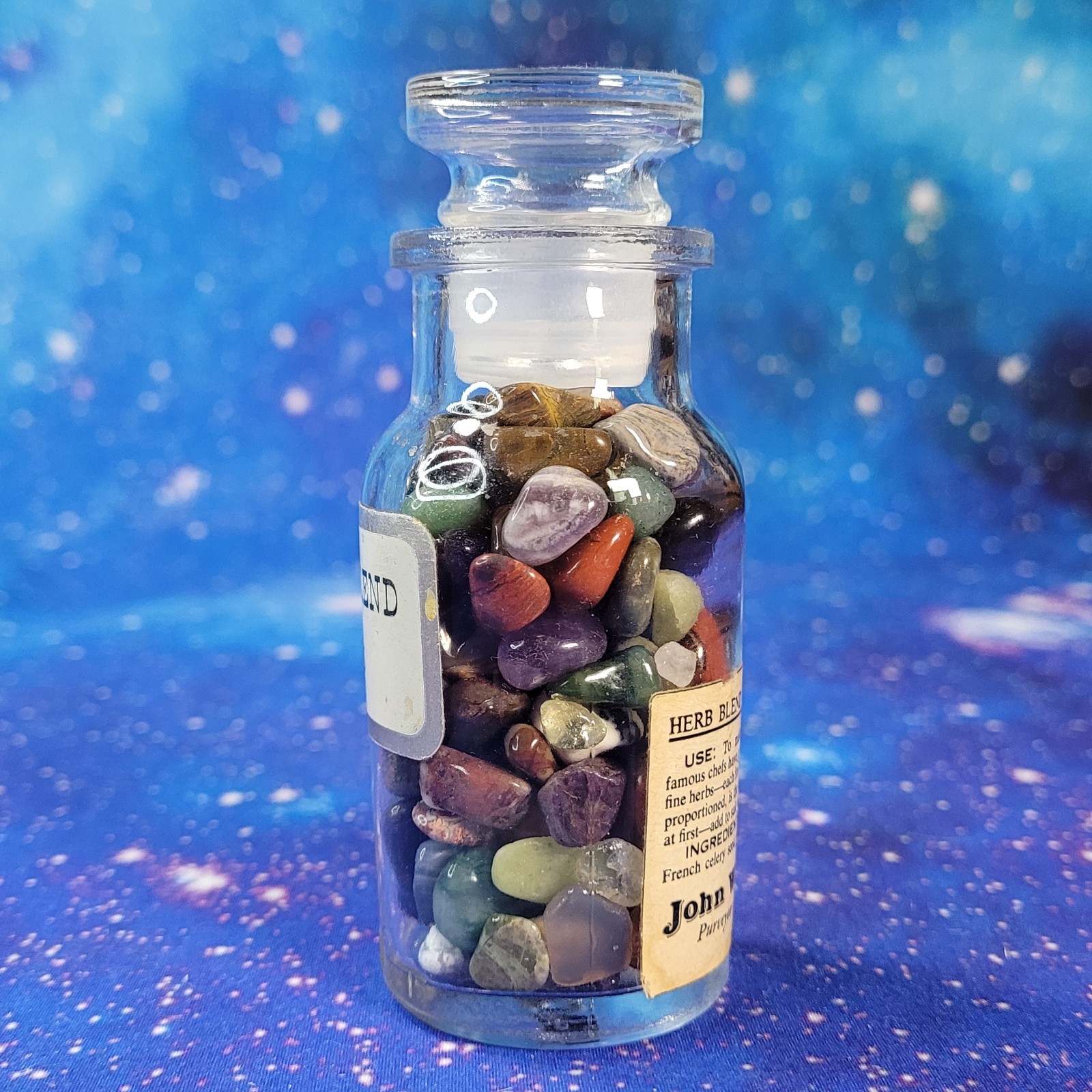 4oz Mixed Crystal Small Tumbles in Vintage Apothecary Glass Jar Wagner Spice