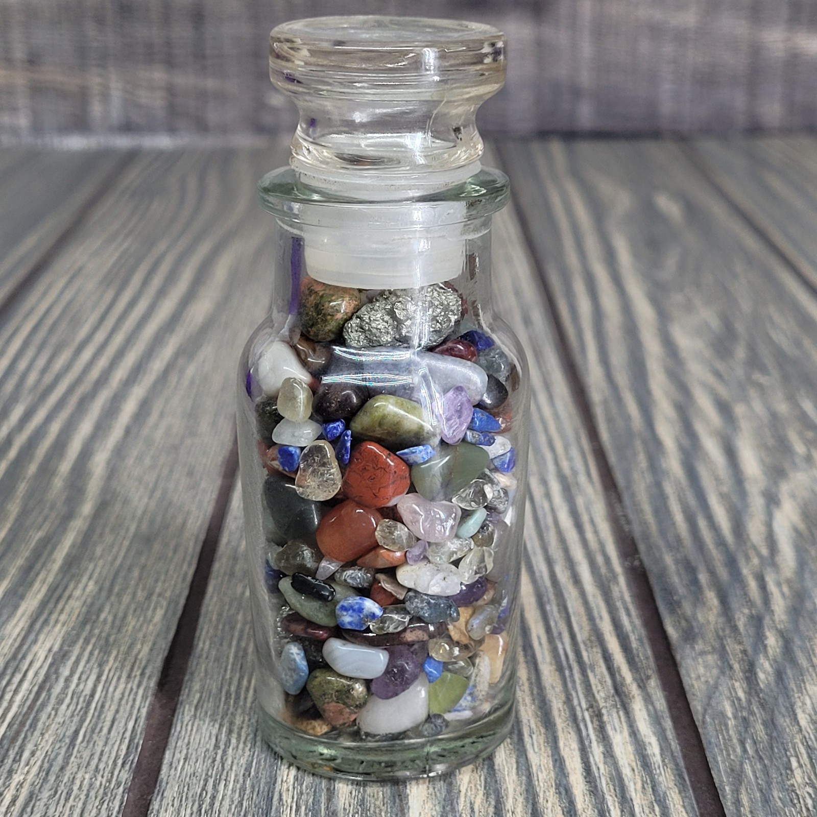 4oz Mixed Crystal Small Tumbles in Vintage Apothecary Glass Spice Jar w/ Stopper
