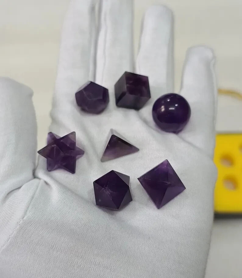 Natural Purple Amethyst Platonic solids set 7 Pieces, With Premium Box.