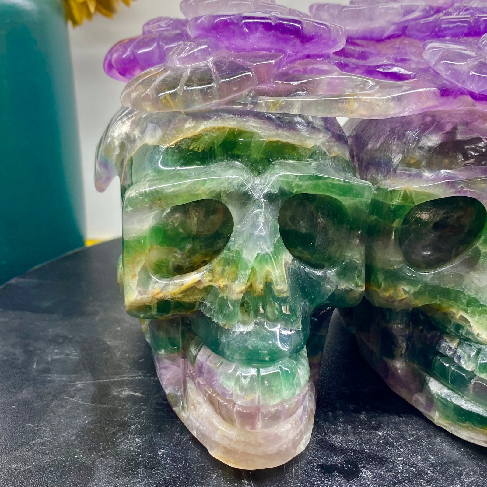 7.05LB Natural fluorite skull quartz hand carved crystal skull healing