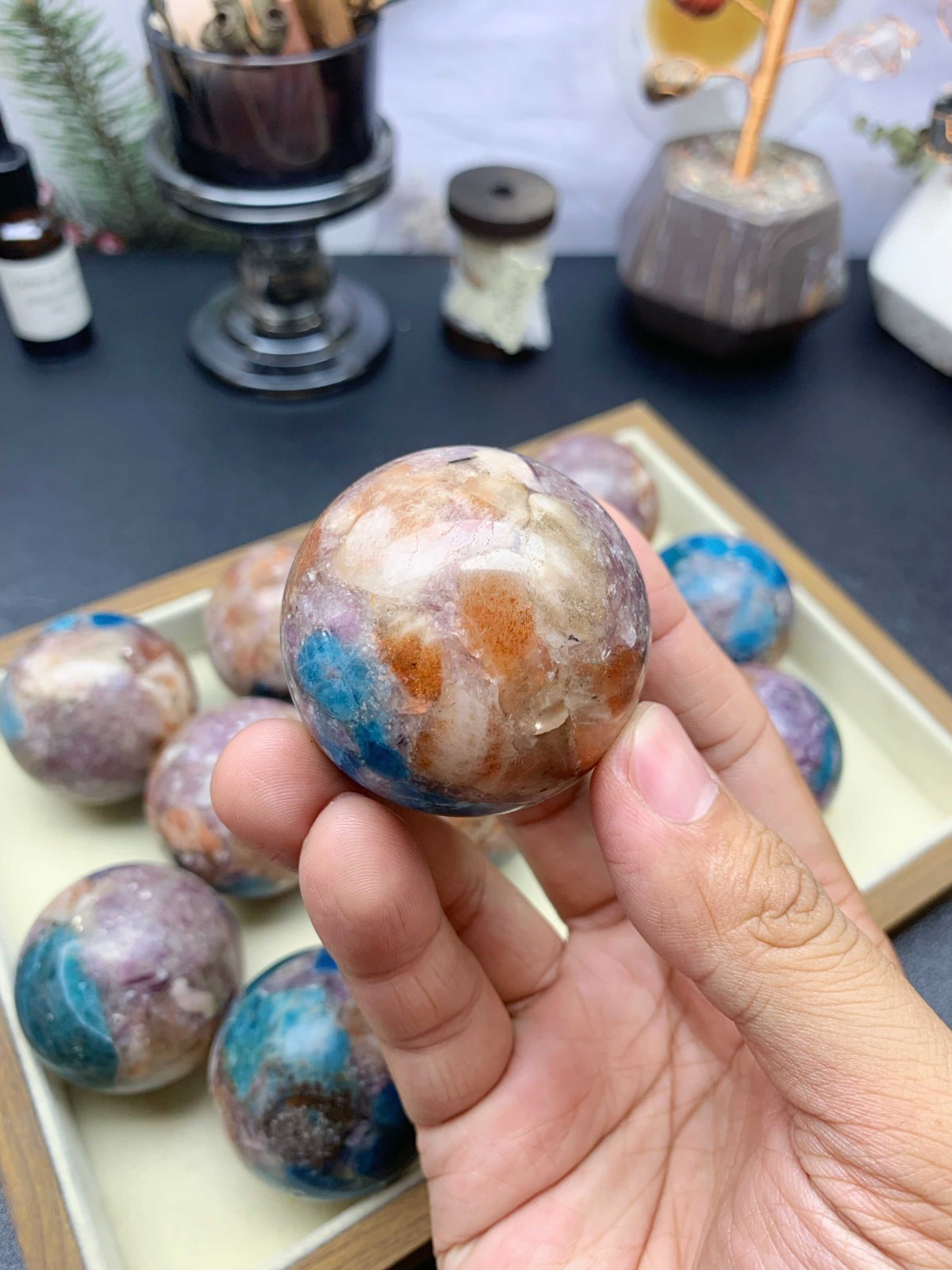 Composite Crystal Sphere 5cm, Apatite Sunstone Purple Mica with Wooden Stand
