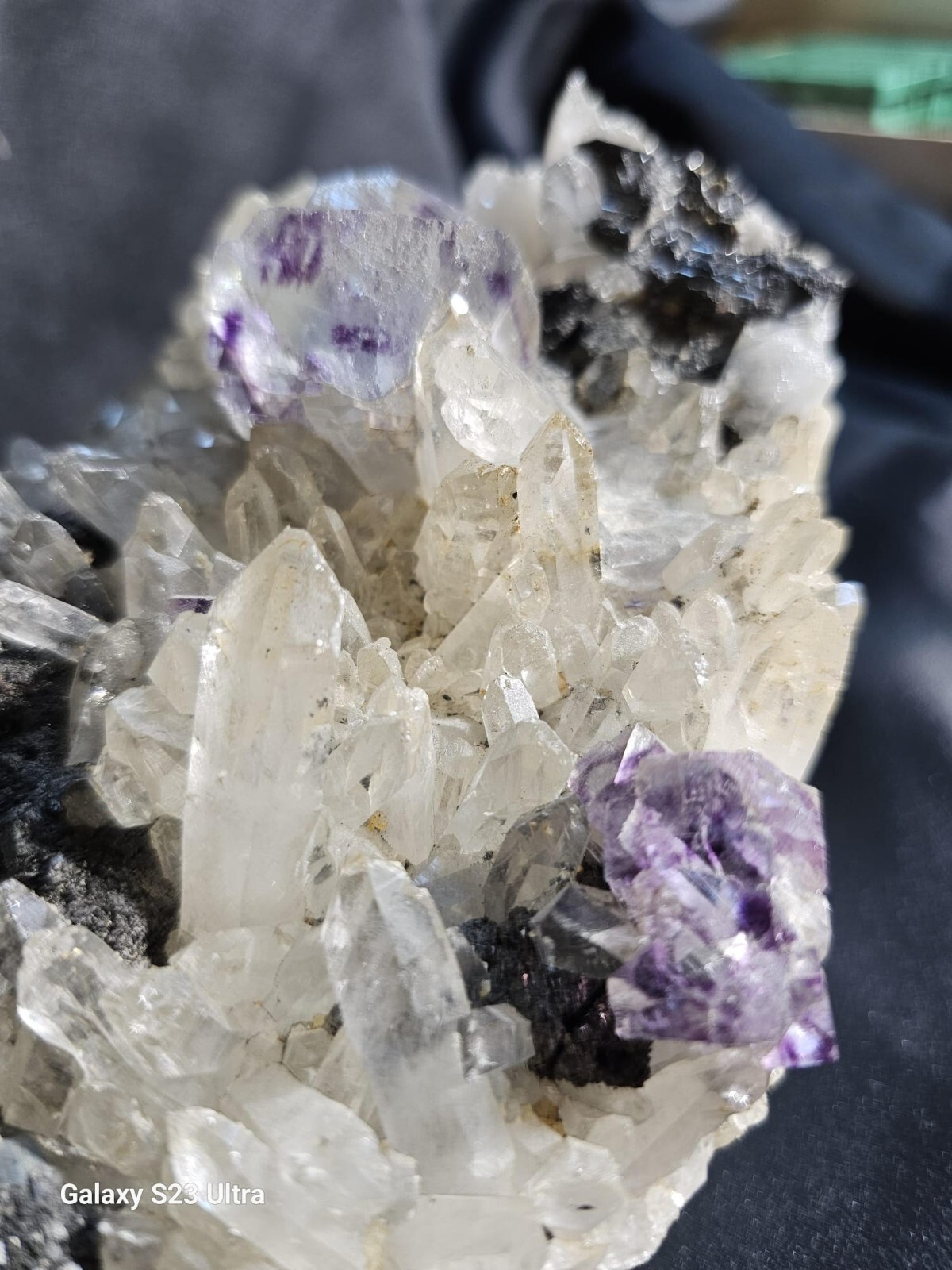 Rare Fluorite on Quartz Crystals with Tourmaline, Magnetite & Pyrite – Stunning