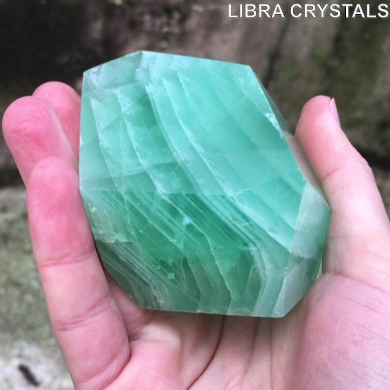Rare Banded Green Fluorite Freeform Polished Crystal 382g Mint Sea Green Decor