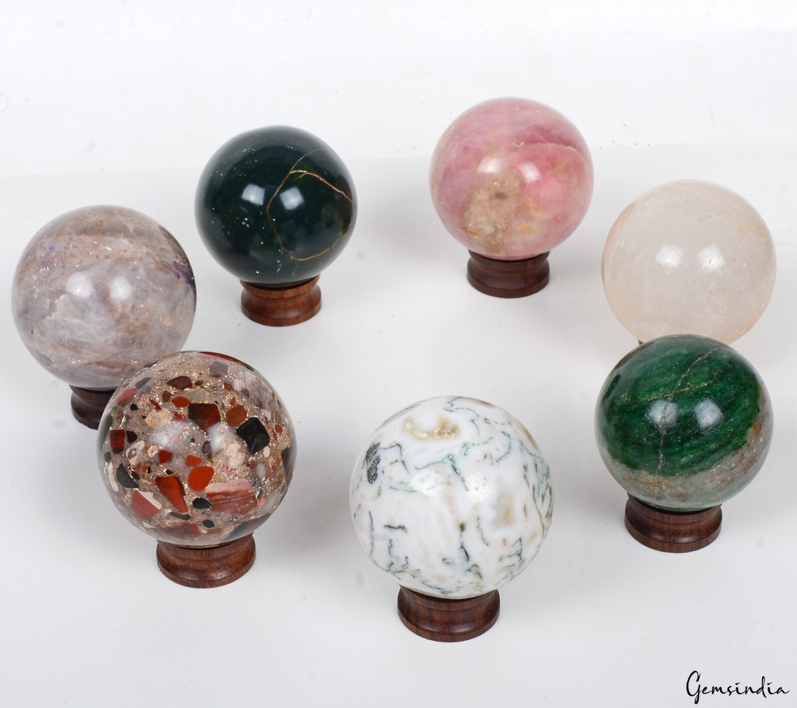 1.28 Kg 7 Pc Set Of Multi gemstone Crystal Sphere Ball Polished Healing w/ Stand
