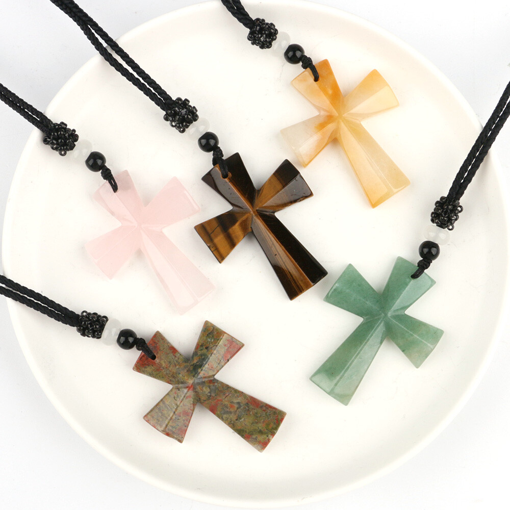 Natural Chakra Cross Quartz Crystal Stone Healing Gemstone Pendant Necklace Gift