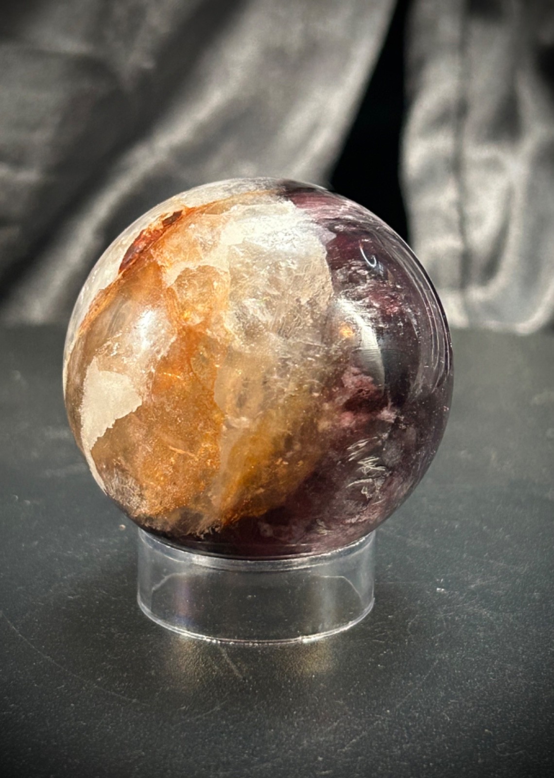 2″ Gem Lipidolite and Hematoid Quartz Sphere with Acrylic Stand 6.5 oz