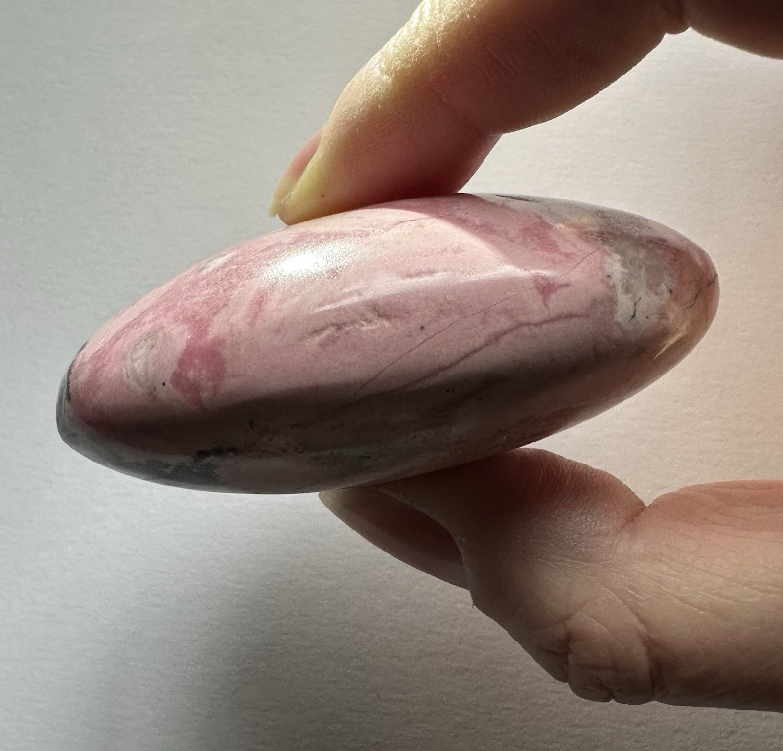 Polished Pink Rhodonite Palm Stone, Oval Egg Shape Mineral Specimen, 3 in