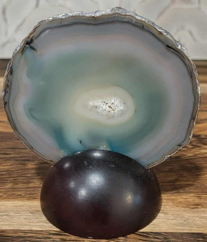 Blue Agate Geode Slice on Wooden Stand Brazil 3.75″ Natural Crystal Decor