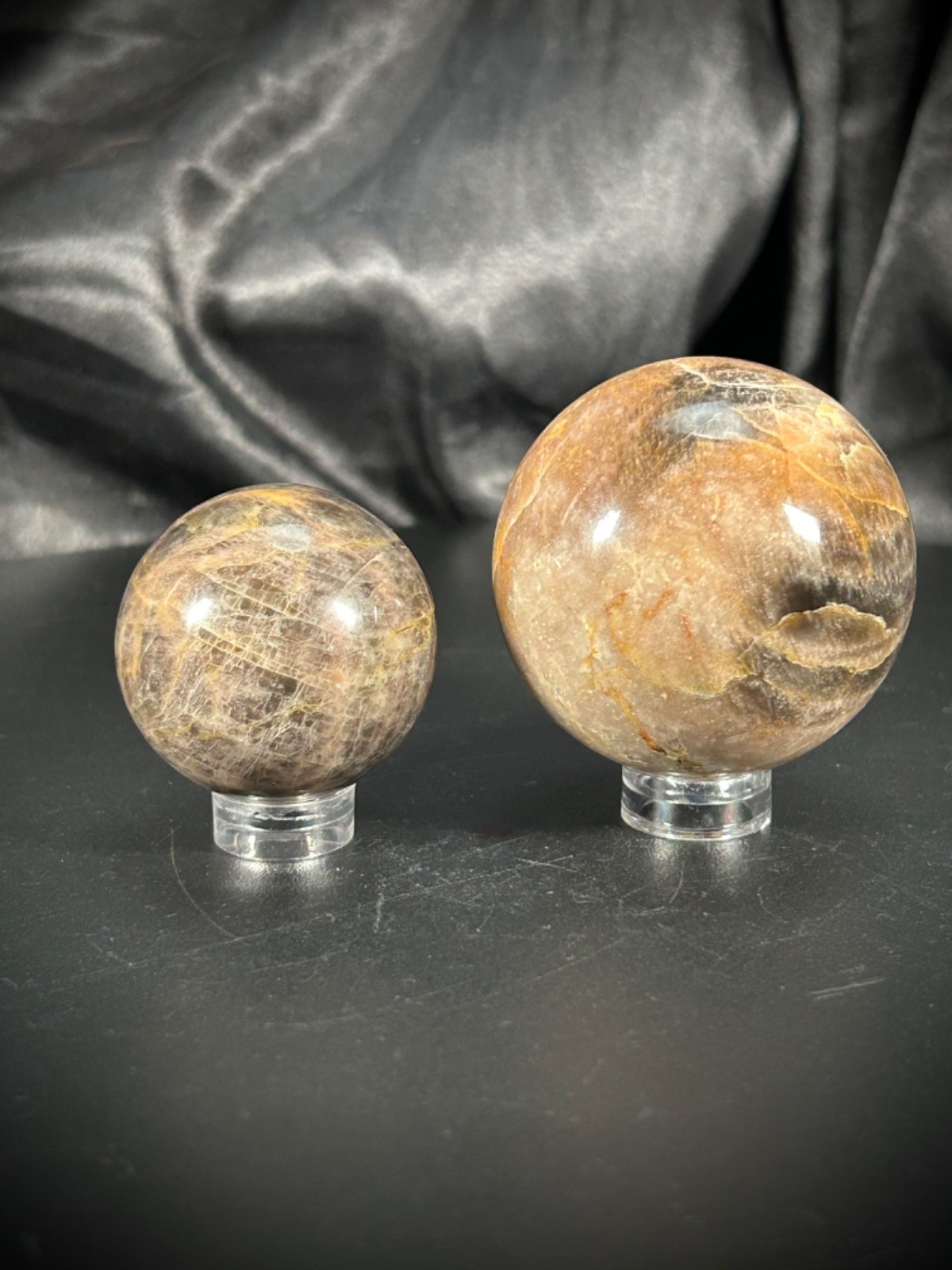 2 Piece Black Moonstone Sphere Bundle With Acrylic Stands 6.6oz (186 grams)