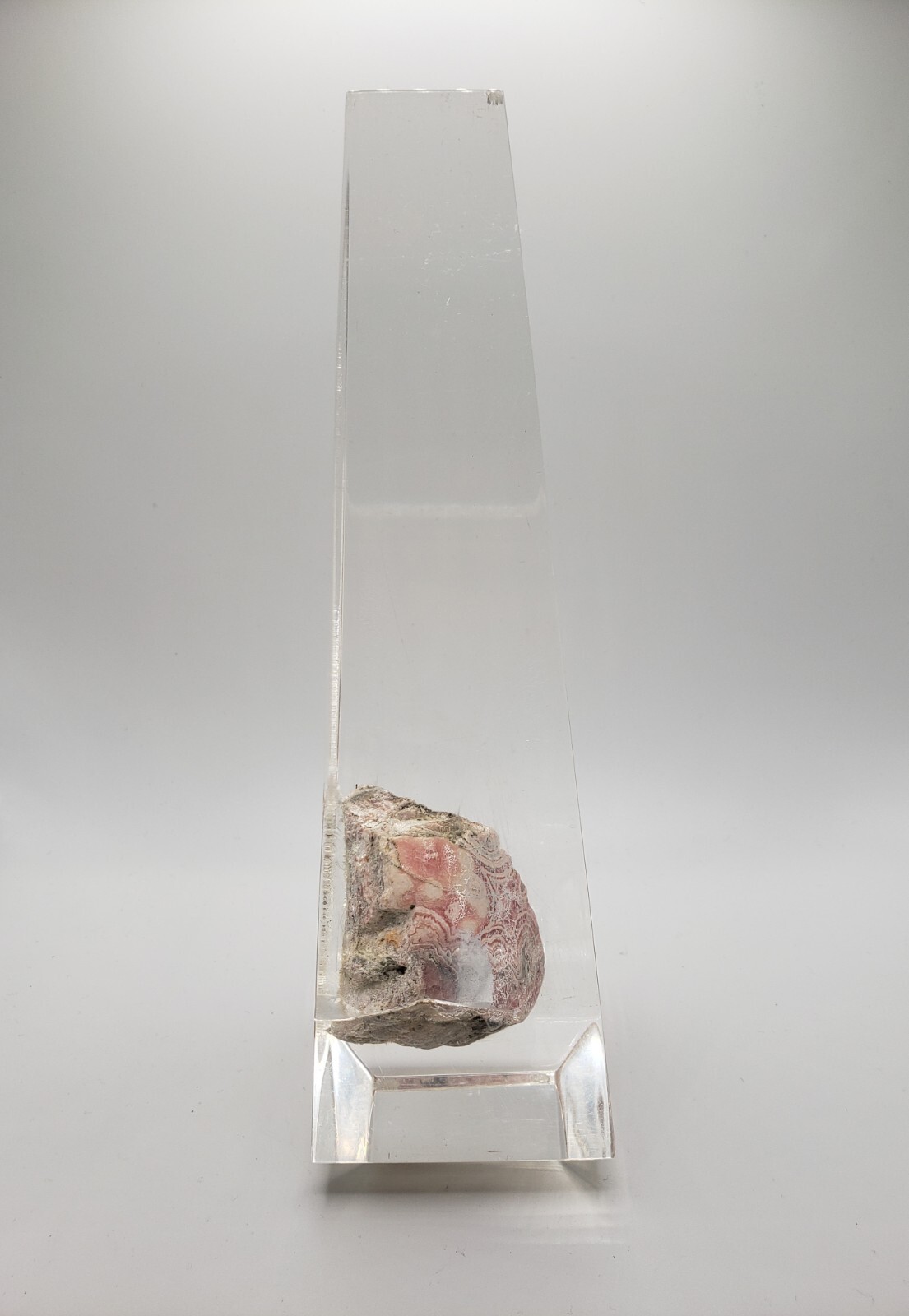 Rhodochrosite Stalactite Inca Rose Pink Mineral Specimen In a Lucite Sculpture