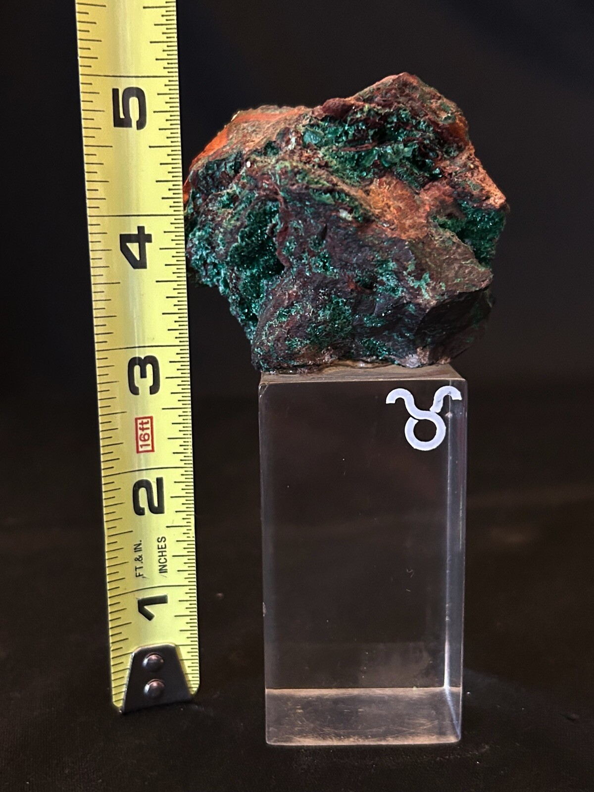 Vintage Dioptase Crystal Mineral Mounted on Lucite Specimen Paperweight Display