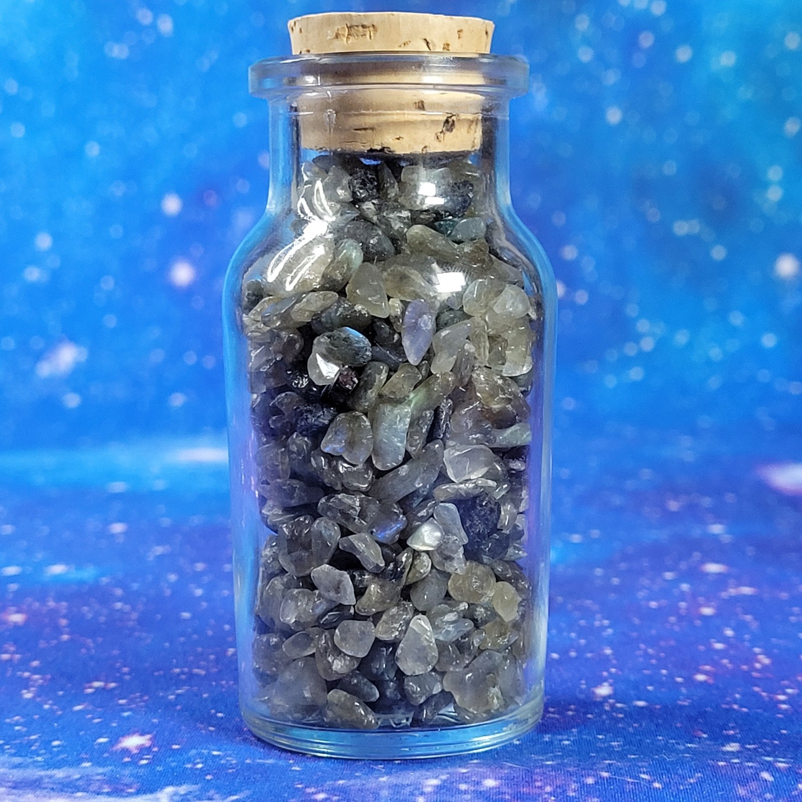 4 oz Labradorite Crystal Tumbled Chips in Vintage Glass Apothecary Jar Witchy