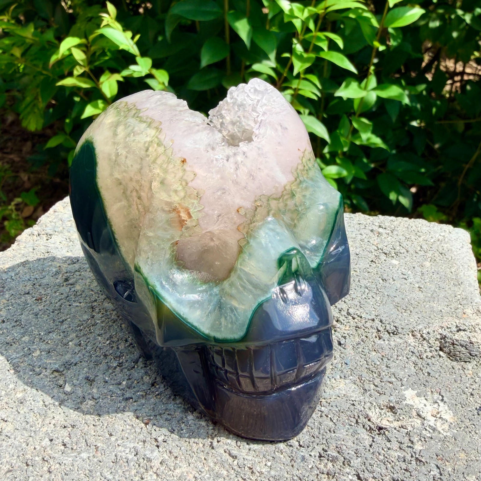 1.53lb Amethyst agate crystal cave skull, Rare hand carved skull specimen