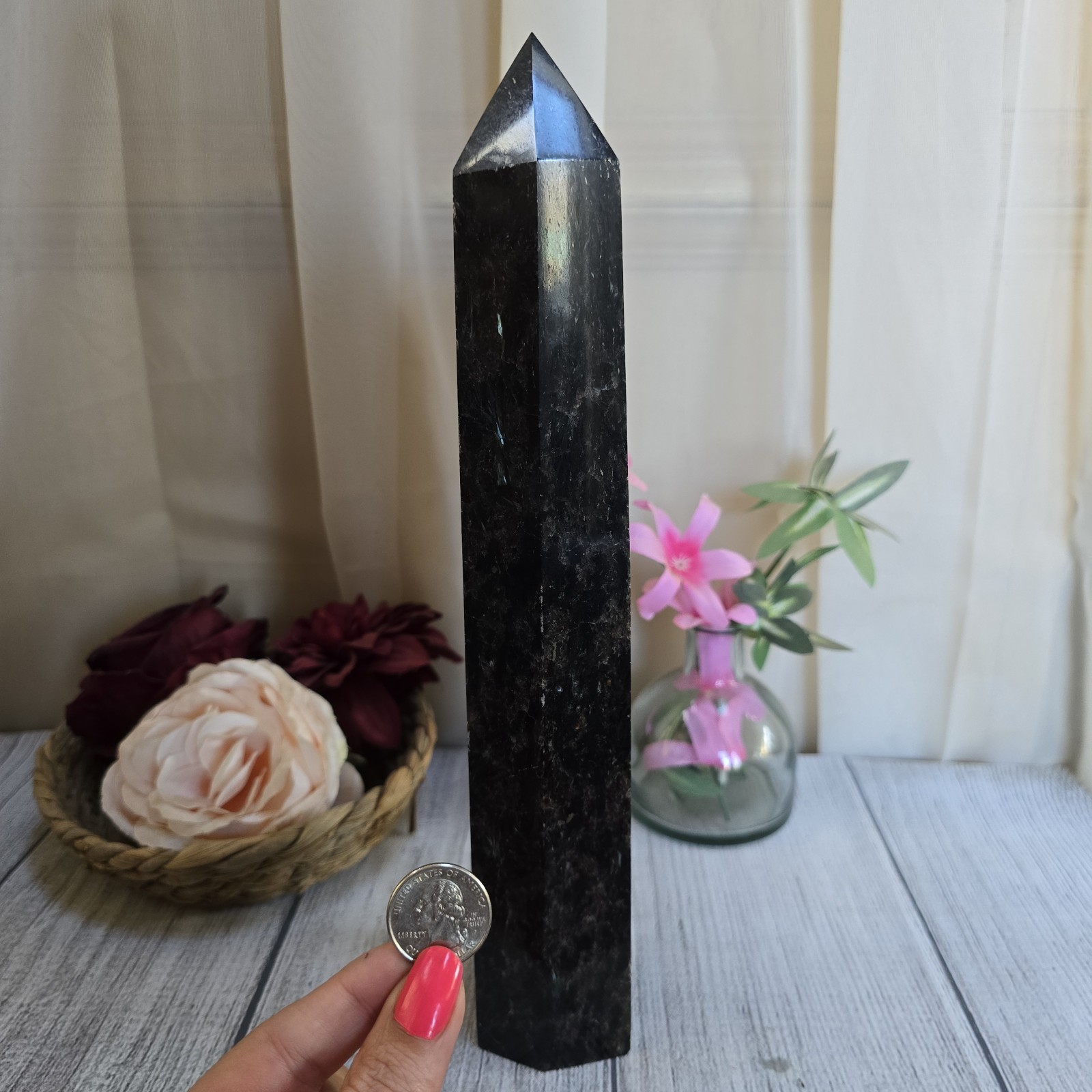 XL 11.5″ Arfvedsonite & Garnet Blue and Gold flashes Fireworks Stone Tower