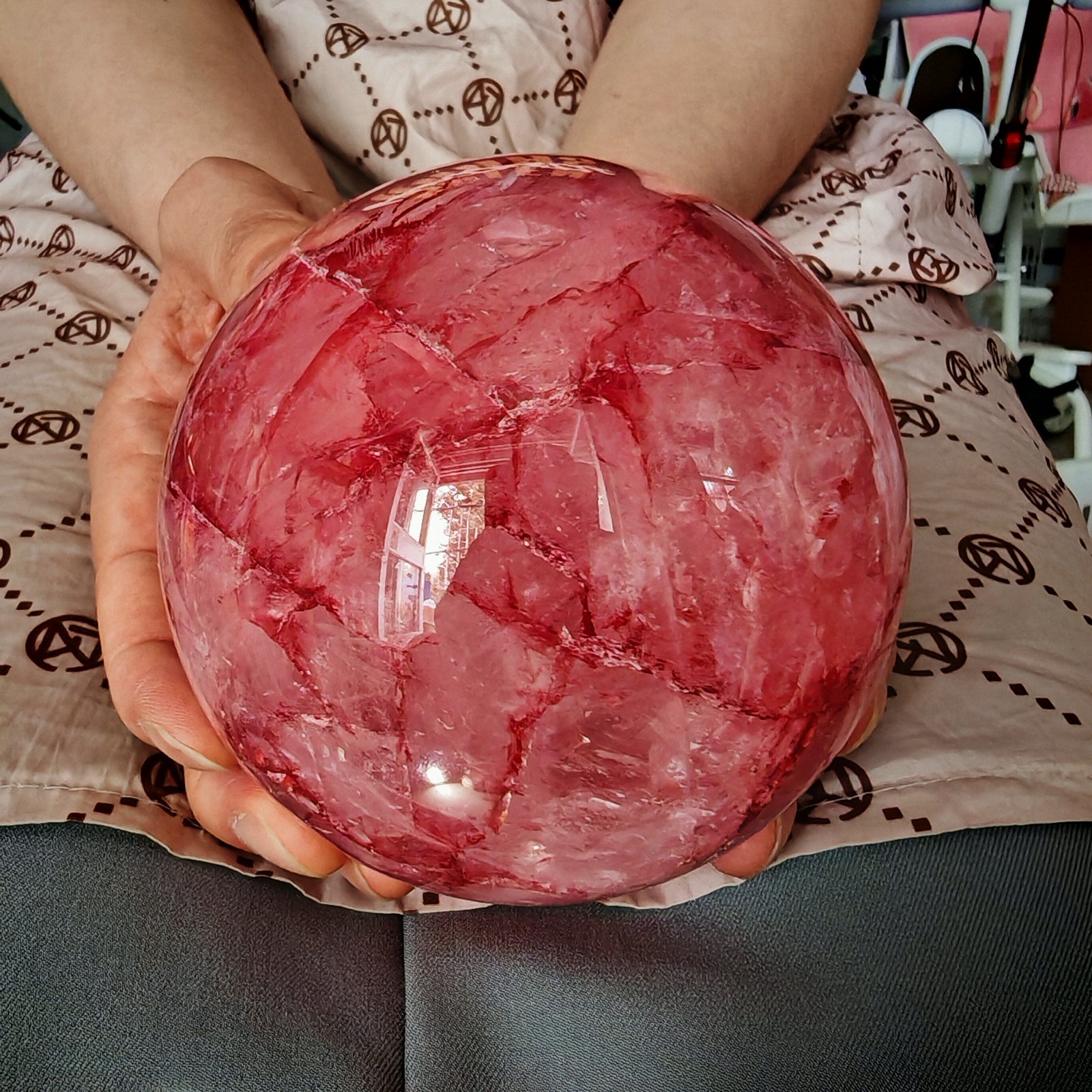 2.97LB TOP Natural Red gum flower quartz ball crystal Hand carved Decorative