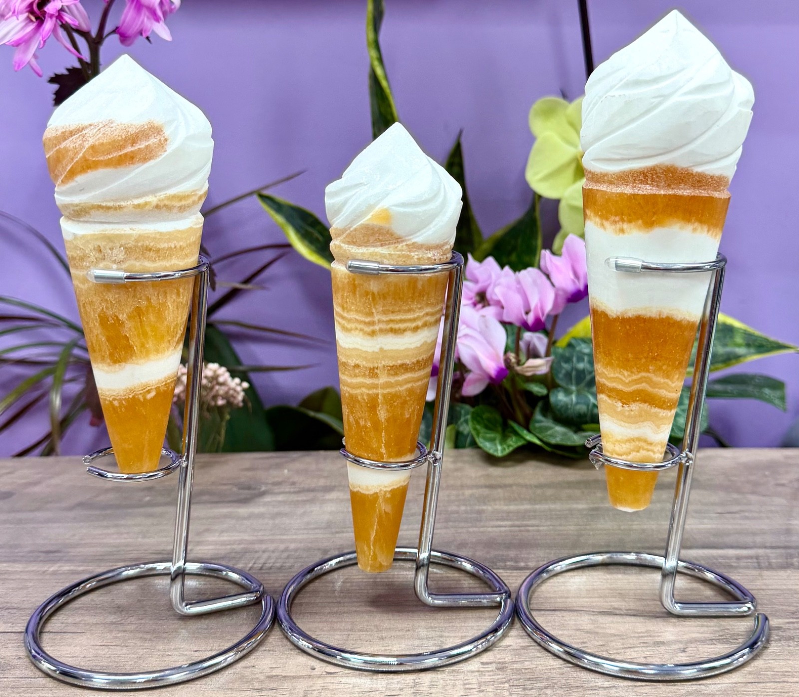 Wholesale 3-4 Pcs Natural Orange Calcite Ice Cream Cone With Rhodium Metal stand