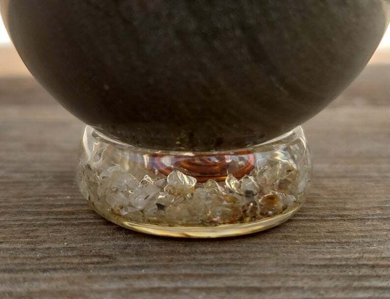 ORGONE CITRINE GEMSTONE SPHERE STAND AND WORRY STONE ORGONITE