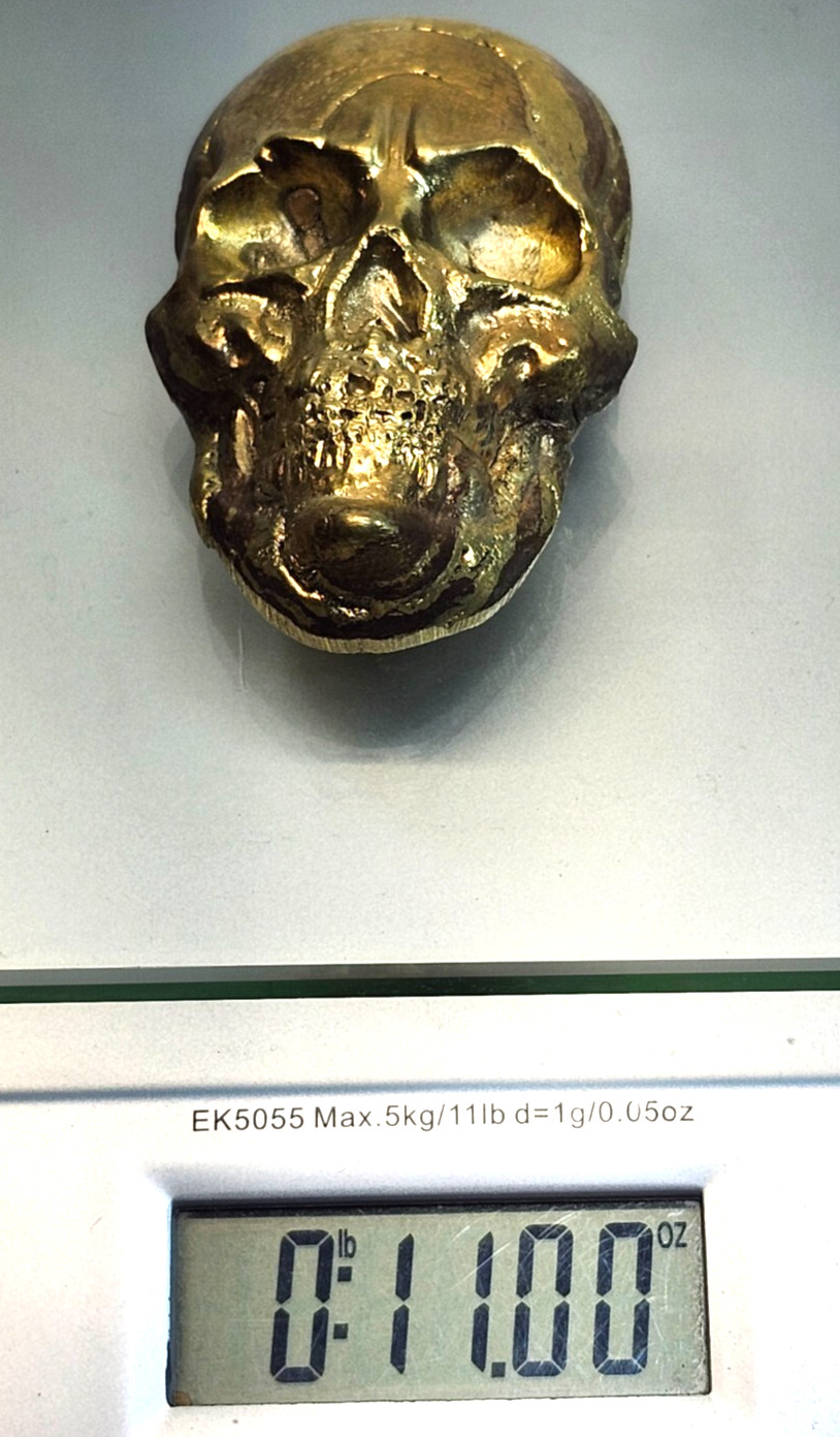 Hand Poured Brass Art Bullion 3D Skull Approx 11 oz