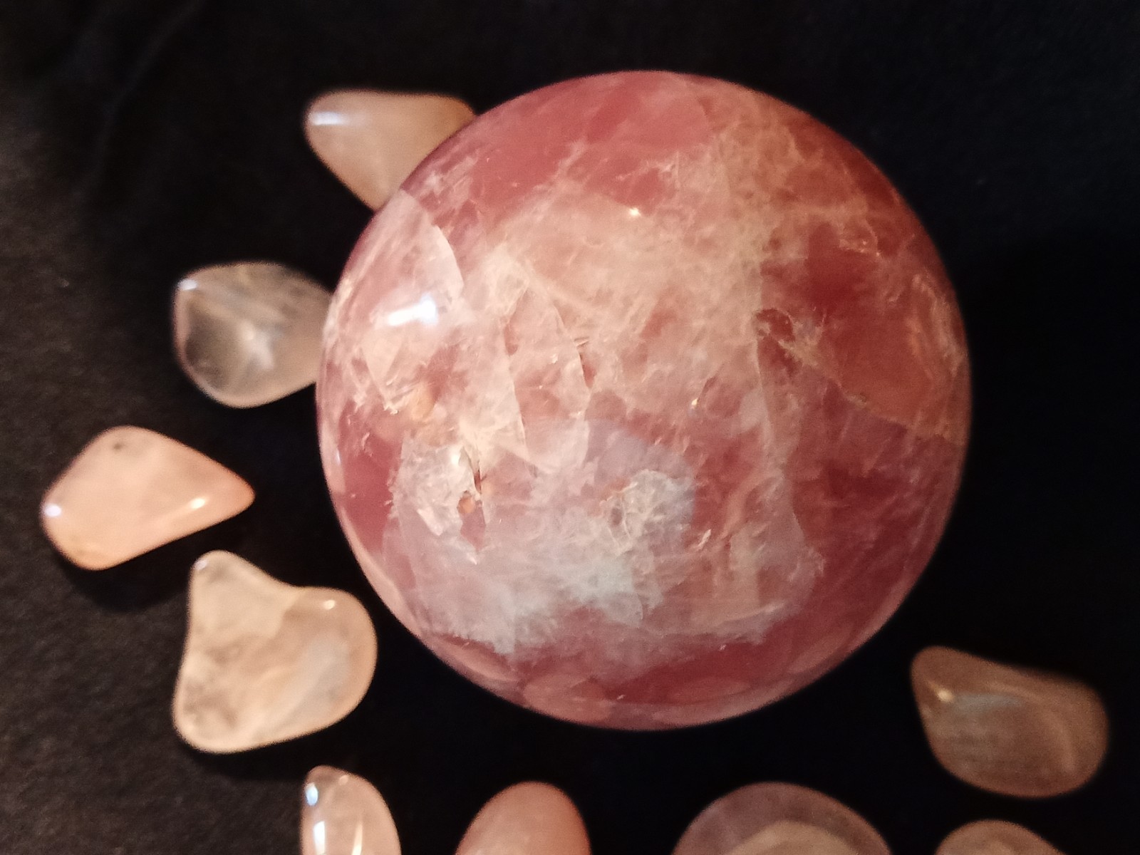 Brazil Rose Quartz Collection, Sphere 62mm, 2 Pillars, 10 Pocket Stones, Gemmy!
