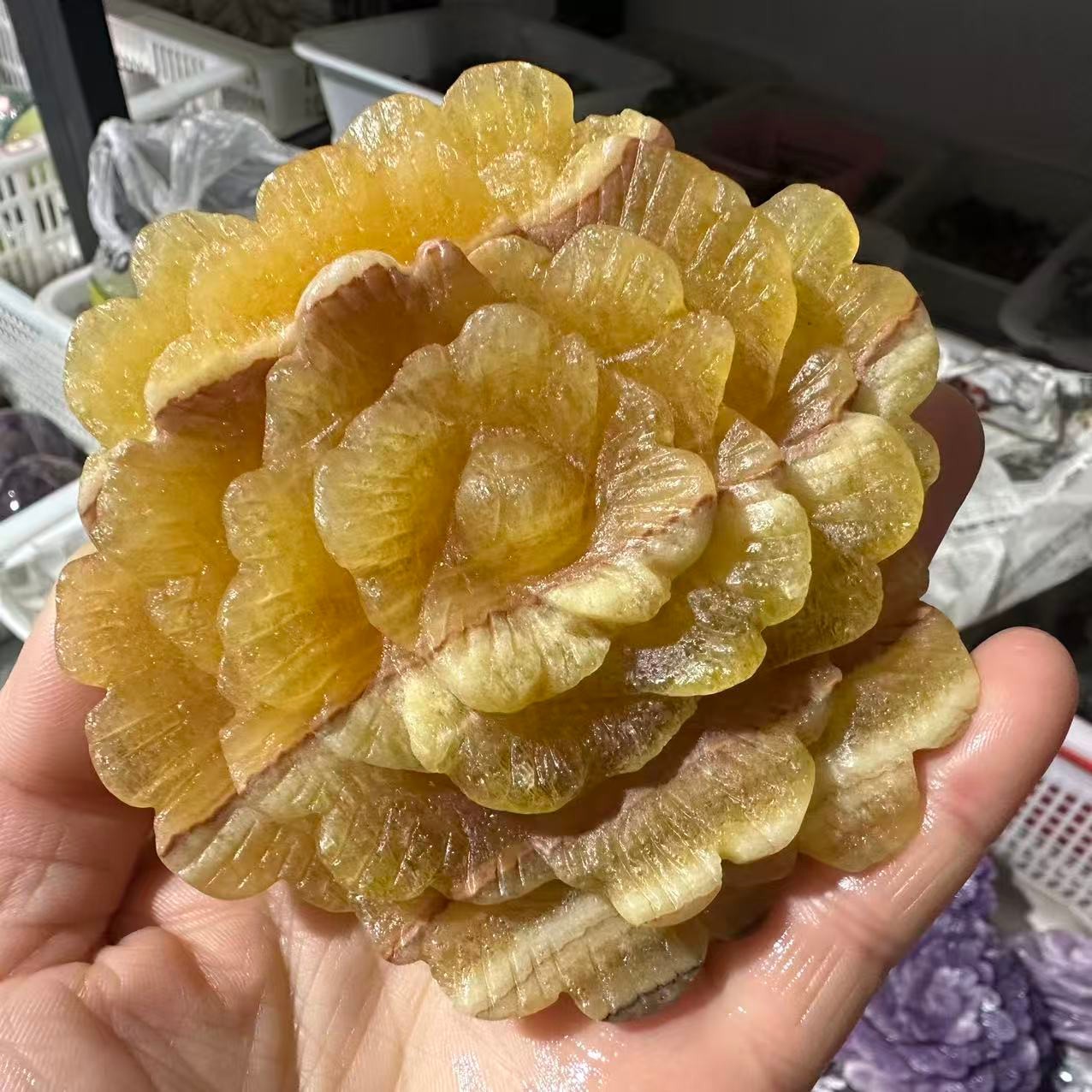 1PC Natural Yellow Calcite Quartz Carved Flower Skull Crystal Reiki Decor Gift