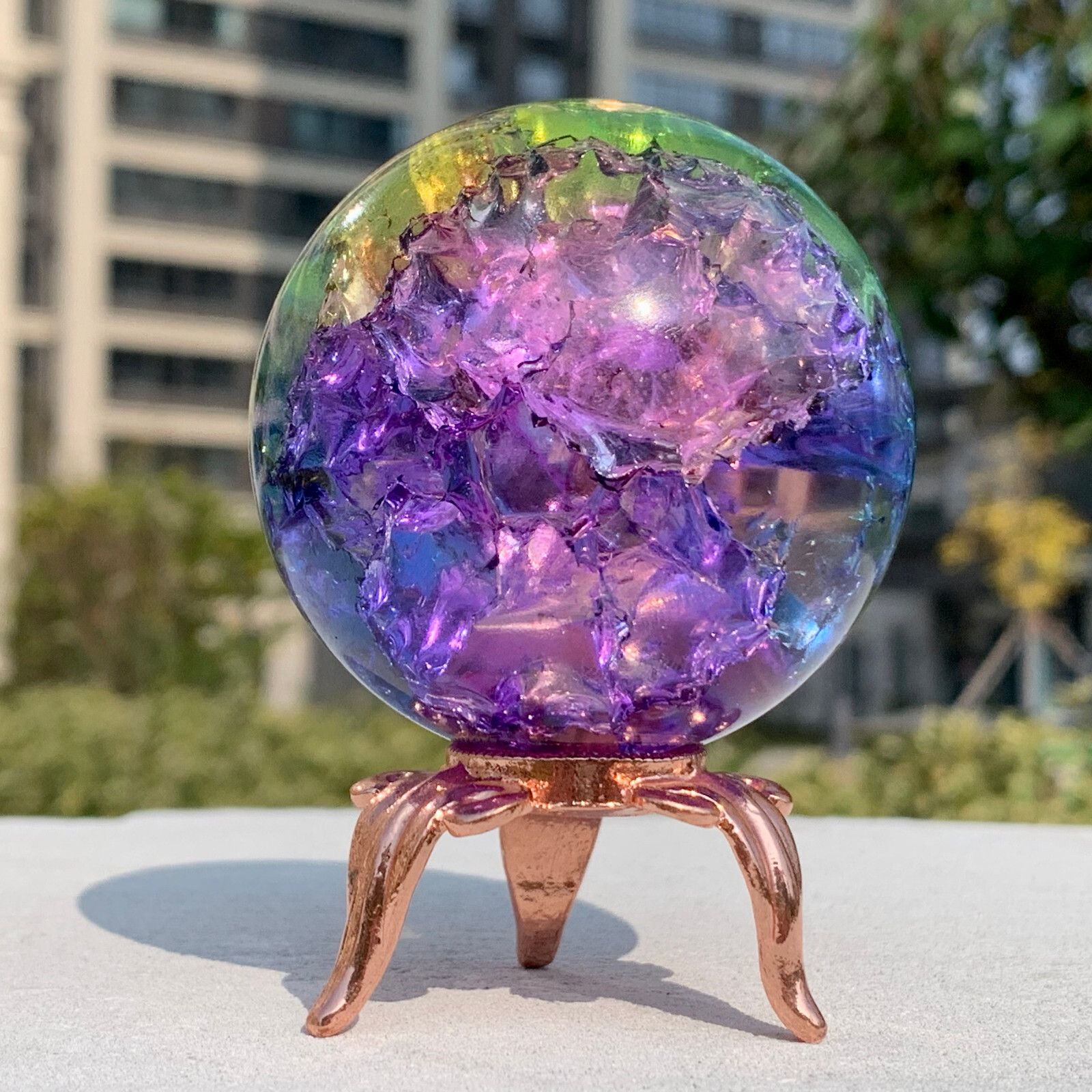 279G Natural Titanium Rainbow Quartz sphere Crystal ball Healing+stand