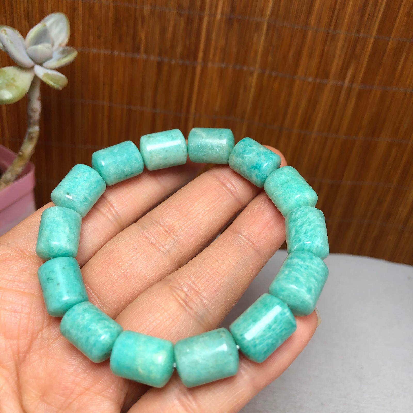 Natural amazon stone Bracelet Brown Gemstone Stretch Bucket bead Handmade A3700