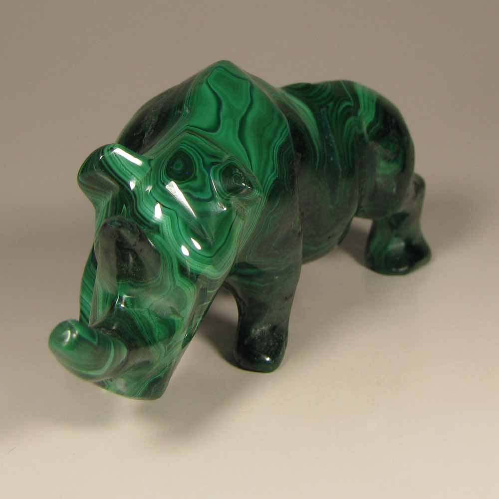 4.3″ Handcarved MALACHITE RHINOCEROS Gemstone Animal Carving – Congo, Africa