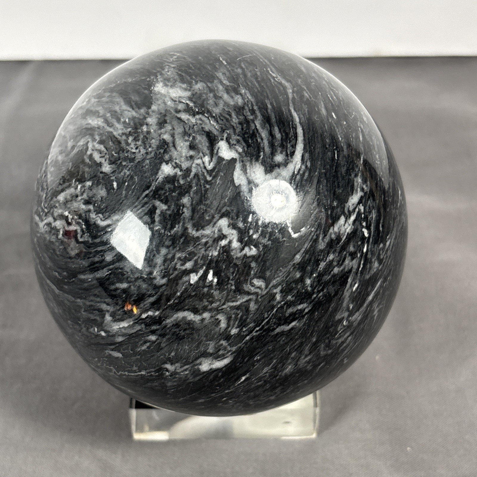 Polished Black Moonstone Large Sphere on Clear Acrylic Stand