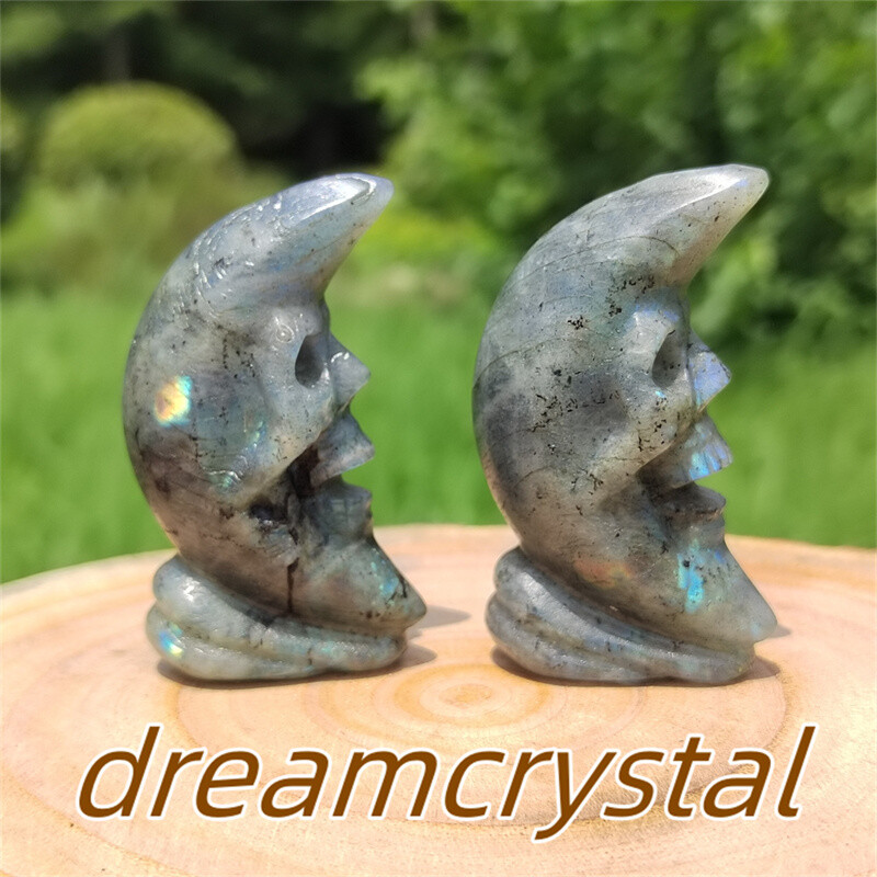 2.2″ Natural Labradorite Skull Carved Quartz Crystal Moon Reiki Sculpture 1pc