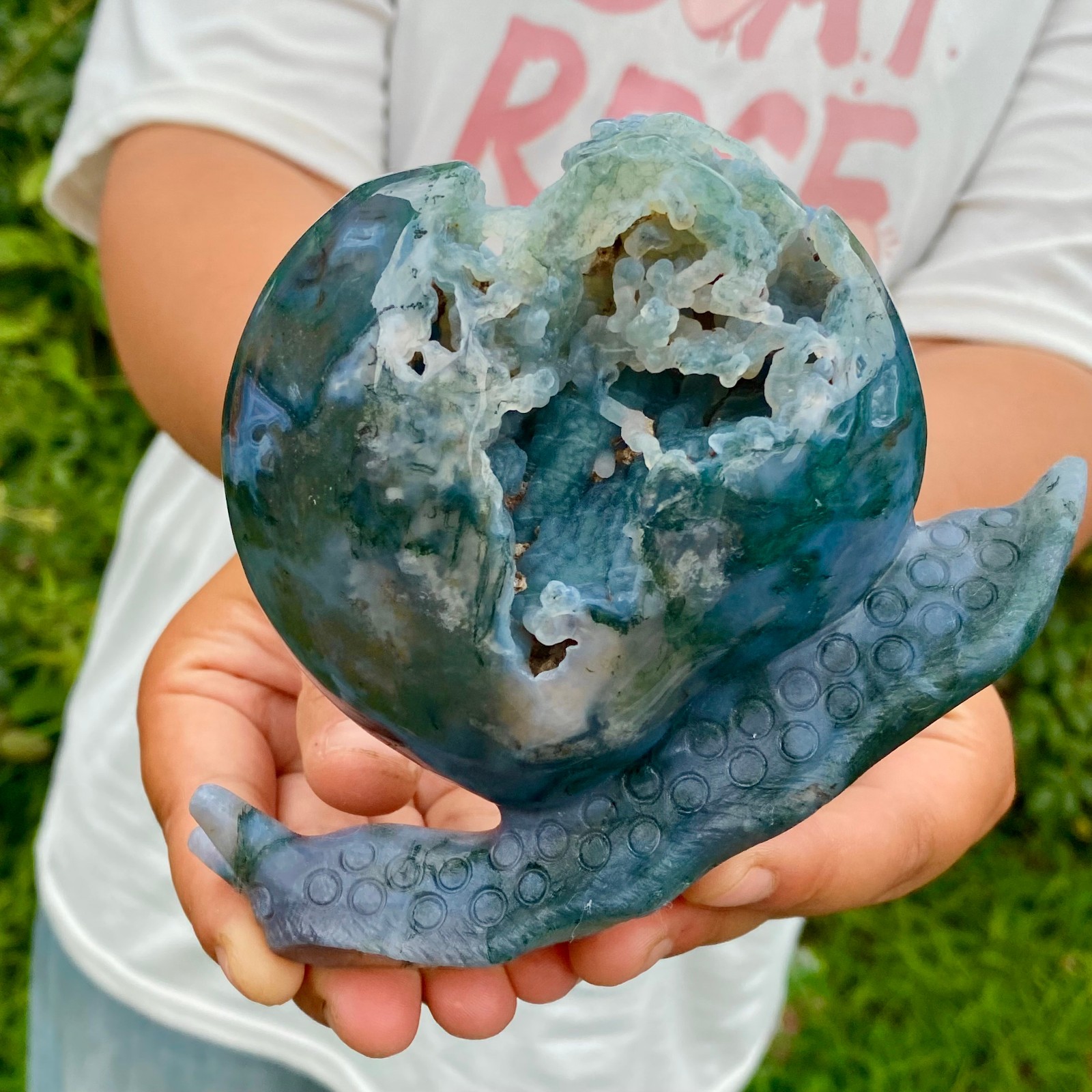 1.4LB Natural Ocean Agate Snail Hand Carving Gemstone Ornament Home Decoration