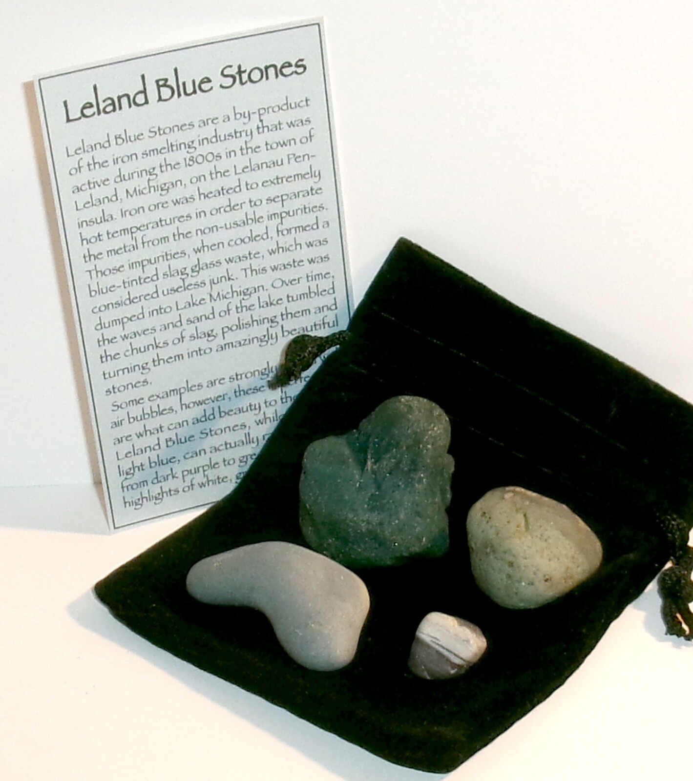 Leland Blue Stones 4 pcs and Black Velvet Bag Michigan Iron Ore Slag Glass Gems