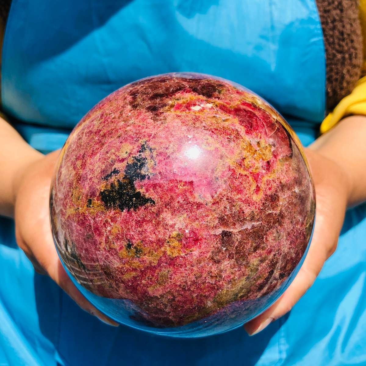 7.04LB Natural Rhodonite Crystal Sphere Pink Black Healing Gem Stone 4799