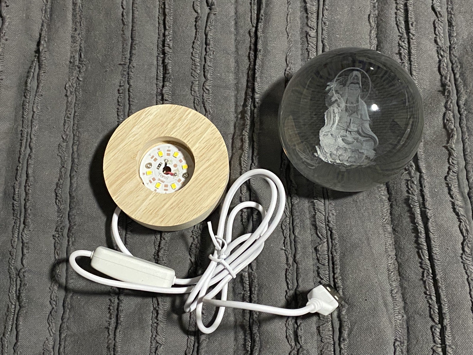 Kwan Yin Guanyin Crystal Ball Glass Sphere Laser Engraved With LED Light stand