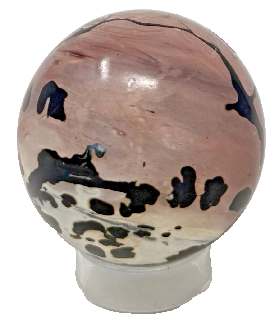 220g Prettiest PICTURE JASPER Crystal Sphere Pink & Yellow Oil Painting W/Holder