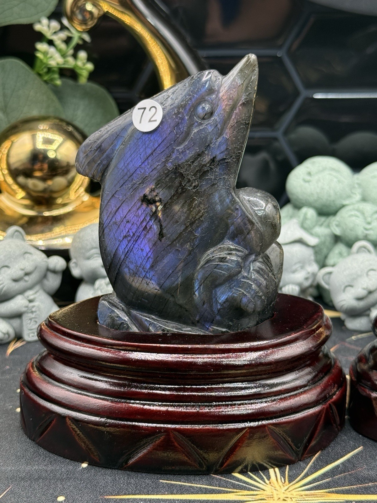 Natural Labradorite harbor porpoise Carving w/ custom stand Rainbow/Purple Fash