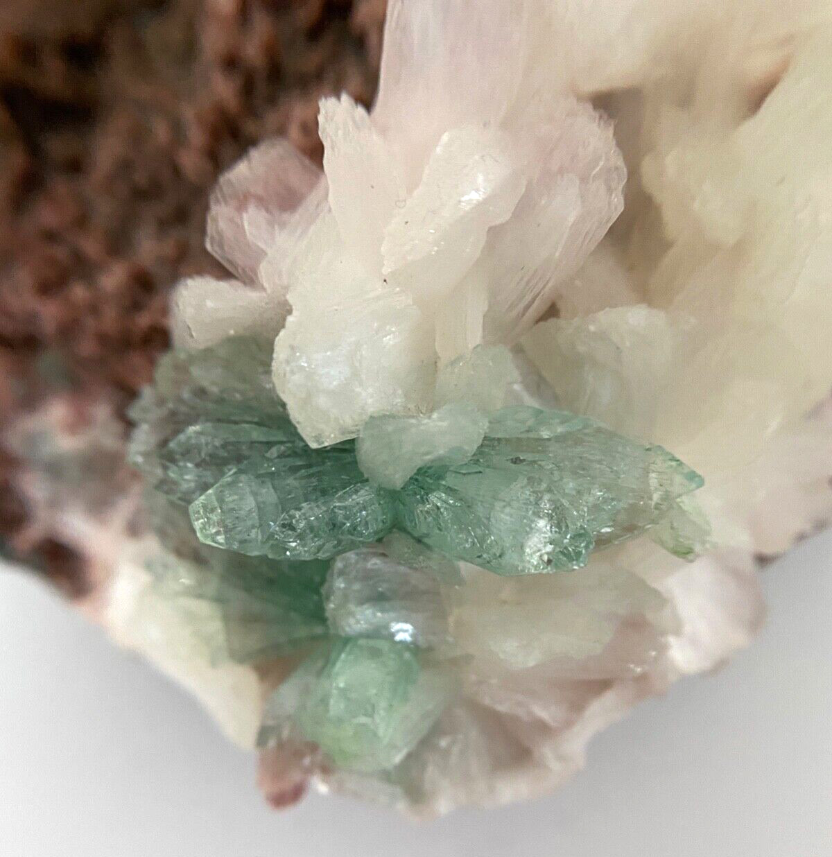 Light Mint Green Apophyllite and Pearly White Stilbite Crystals on Brown Matrix